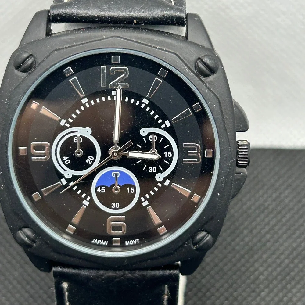 Mens Black Chronograph Style Watch Japan Quartz Movement leather Strap‎ Analog